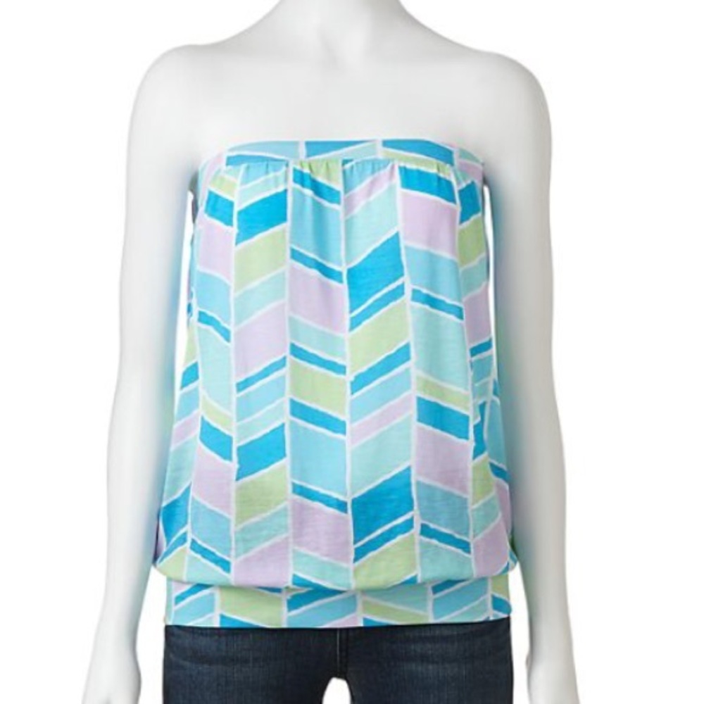 Blue Pink White Banded-Bottom Tube Top (Juniors)
